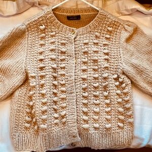 Rosey Popcorn sweater with gold floral buttons, 3/4 sleeve